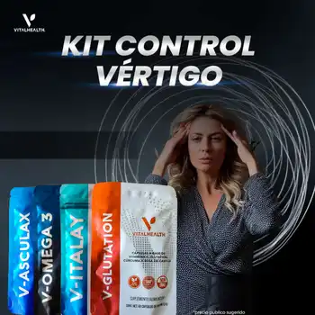 Kit para control del vértigo VitalHealth con suplementos V-Asculax, V-Omega 3, V-Italay y V-Glutation. Imagen de mujer con mareo y fondo de líneas giratorias. Ayuda natural para estabilizar el equilibrio, reducir náuseas y mejorar circulación cerebral.