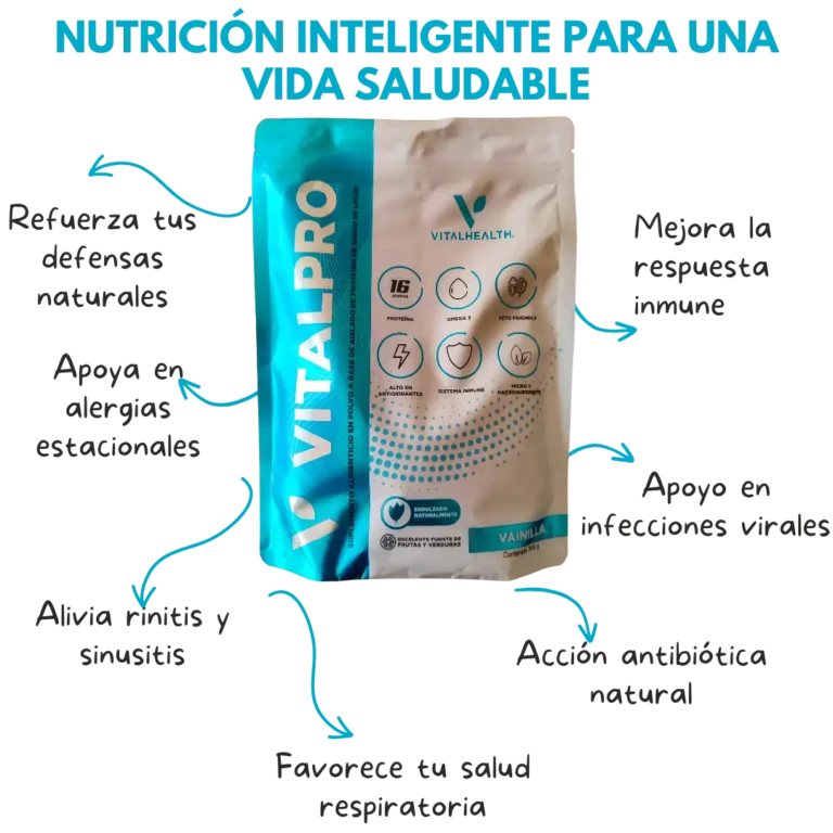 Beneficios del suplemento VitalPro de VitalHealth: refuerza defensas, mejora respuesta inmune, alivia rinitis y favorece salud respiratoria.