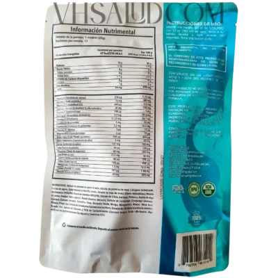 Etiqueta posterior del suplemento VitalPro con tabla nutrimental, instrucciones de uso y listado de ingredientes.