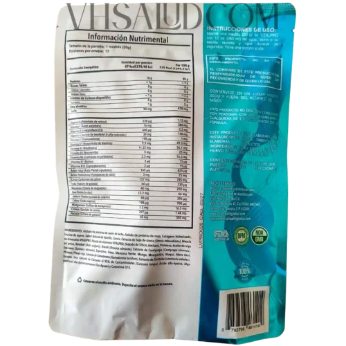 Etiqueta posterior del suplemento VitalPro con tabla nutrimental, instrucciones de uso y listado de ingredientes.