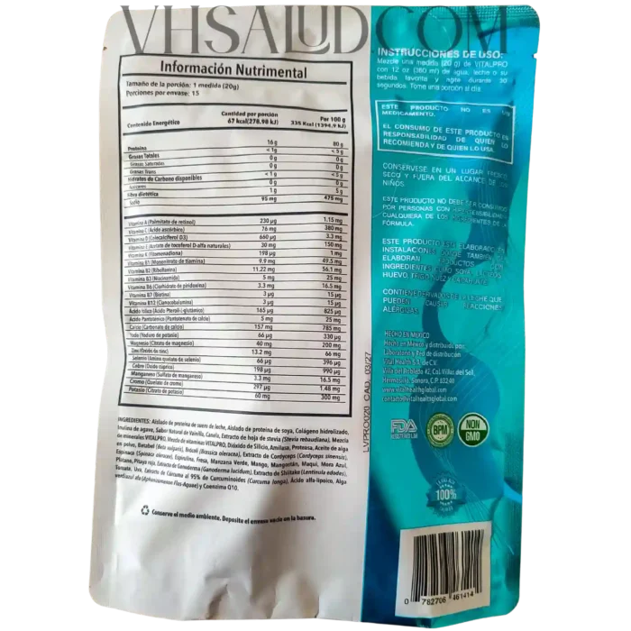 Etiqueta posterior del suplemento VitalPro con tabla nutrimental, instrucciones de uso y listado de ingredientes.
