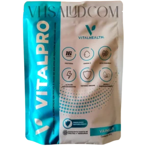 Empaque del suplemento VitalPro de VitalHealth con 16 g de proteína, Omega 3 y beneficios antioxidantes.