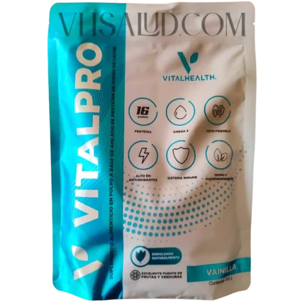 Empaque del suplemento VitalPro de VitalHealth con 16 g de proteína, Omega 3 y beneficios antioxidantes.