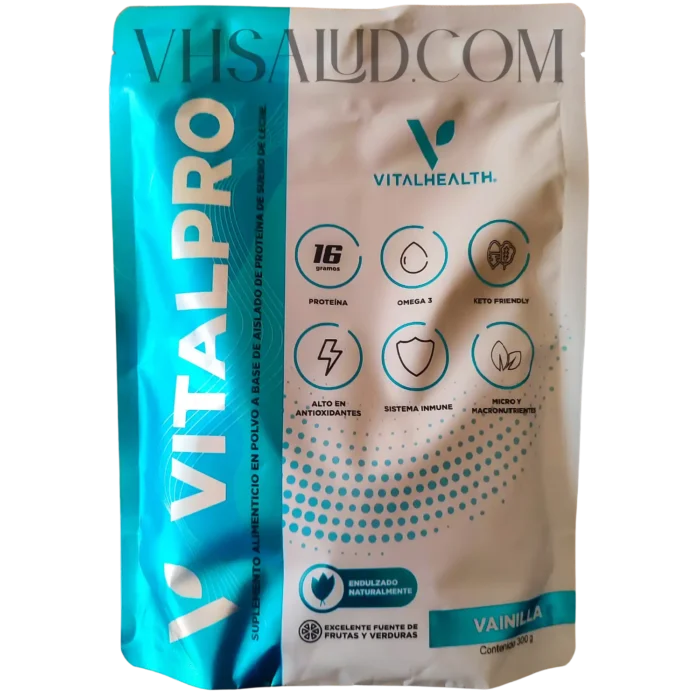 Empaque del suplemento VitalPro de VitalHealth con 16 g de proteína, Omega 3 y beneficios antioxidantes.
