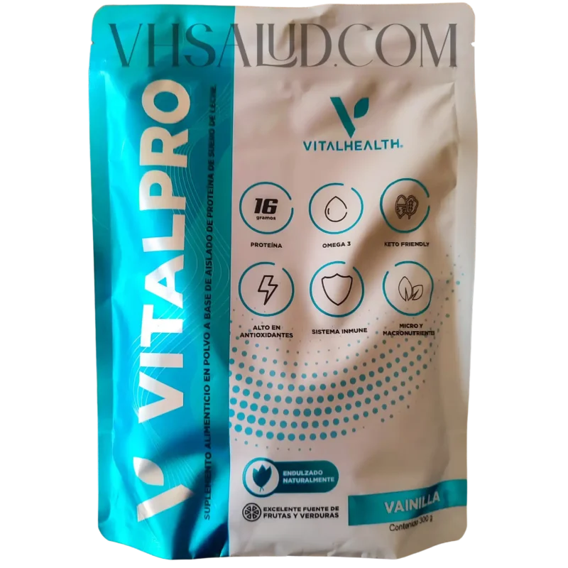 Empaque del suplemento VitalPro de VitalHealth con 16 g de proteína, Omega 3 y beneficios antioxidantes.