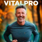 Hombre sonriendo mientras corre al aire libre con fondo otoñal, representando energía y bienestar promovido por el suplemento VitalPro de VitalHealth.