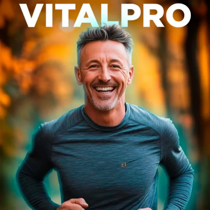 Hombre sonriendo mientras corre al aire libre con fondo otoñal, representando energía y bienestar promovido por el suplemento VitalPro de VitalHealth.