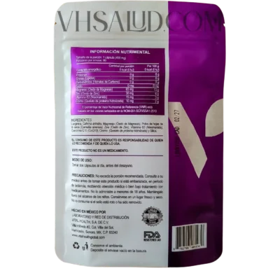 Etiqueta con ingredientes, modo de uso y tabla nutricional de Vitarly-L VitalHealth con L-arginina, zinc y coenzima Q10