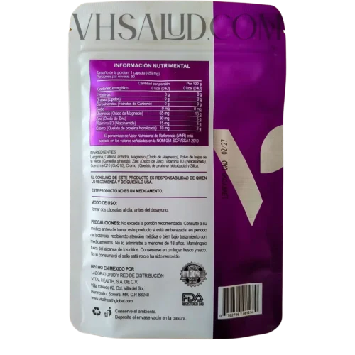 Etiqueta con ingredientes, modo de uso y tabla nutricional de Vitarly-L VitalHealth con L-arginina, zinc y coenzima Q10