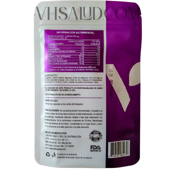 Etiqueta con ingredientes, modo de uso y tabla nutricional de Vitarly-L VitalHealth con L-arginina, zinc y coenzima Q10