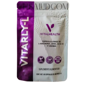Suplemento Vitarly-L de VitalHealth con L-arginina, zinc, CoQ10 y cromo para energía, circulación y salud masculina