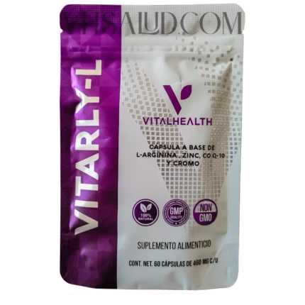 Suplemento Vitarly-L de VitalHealth con L-arginina, zinc, CoQ10 y cromo para energía, circulación y salud masculina
