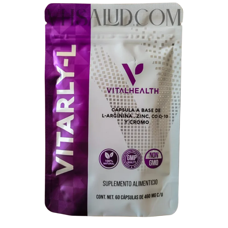 Suplemento Vitarly-L de VitalHealth con L-arginina, zinc, CoQ10 y cromo para energía, circulación y salud masculina