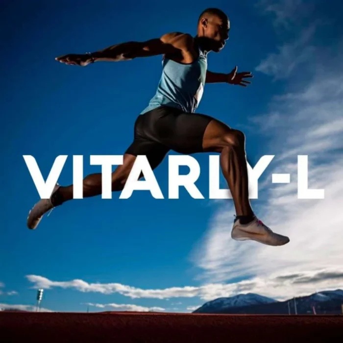 Hombre atlético corriendo con fondo azul y logo Vitarly-L, suplemento masculino de VitalHealth para energía y rendimiento