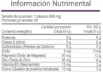 Tabla nutrimental de Vitarly-L con contenido de magnesio, zinc, vitamina B3 y cromo