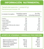 Tabla nutrimental del suplemento infantil D-Fence Kids de VitalHealth, con vitaminas, minerales y fibra.