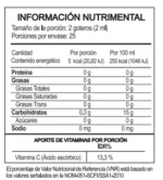 Tabla nutrimental de Glutation Plus Vital Health con valores por porción y por 100 ml.