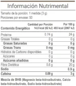 Tabla nutrimental de V-Ketokafe BHB de VitalHealth con contenido energético, proteínas y mezcla de BHB.