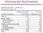 Tabla nutrimental del suplemento V Lovkafe de VitalHealth con información de calorías, proteínas, carbohidratos y micronutrientes por porción.