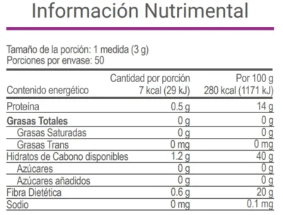 Tabla nutrimental del suplemento V Lovkafe de VitalHealth con información de calorías, proteínas, carbohidratos y micronutrientes por porción.
