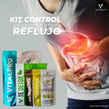 Kit natural para el control del reflujo gástrico de VitalHealth. Incluye suplementos VitalPro, V-Te Detox, V-Fortyflora y V-Organex, junto a imagen de un hombre sujetando el estómago con ilustración de ardor interno.