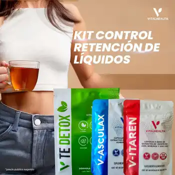 Kit natural para la retención de líquidos de VitalHealth. Incluye suplementos V-Te Detox, V-Asculax y V-Itaren junto a imagen de una mujer en ropa ligera con abdomen plano sosteniendo una taza de té.