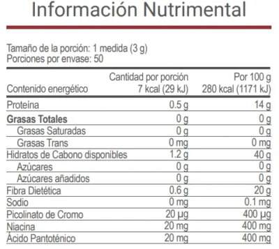 Tabla nutrimental de V-Thermokafe con información por porción y por 100 g.