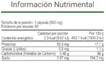 Tabla nutrimental de V-Control con información por porción y por 100 g.