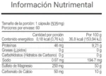 Tabla nutrimental del suplemento V-Fortyflora VitalHealth con magnesio, calcio y contenido energético por porción.