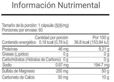 Tabla nutrimental del suplemento V-Fortyflora VitalHealth con magnesio, calcio y contenido energético por porción.