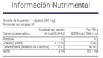 Tabla nutrimental de V-Glucalose VitalHealth con contenido calórico, lípidos, carbohidratos y sodio por cápsula