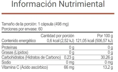 Tabla nutrimental de V-Glutation VitalHealth con datos por porción y por 100 g