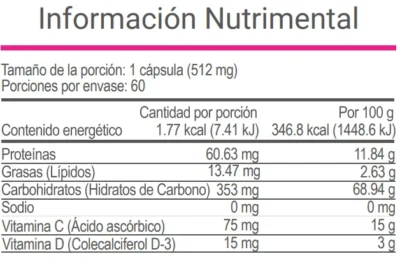 Tabla nutrimental de V-Italboost VitalHealth con información por cápsula de 512 mg.