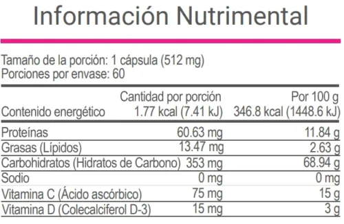 Tabla nutrimental de V-Italboost VitalHealth con información por cápsula de 512 mg.