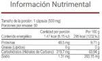 Tabla nutrimental del suplemento V-Itaren de VitalHealth con información calórica y de macronutrientes por cápsula.