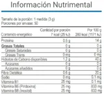 Tabla nutrimental del suplemento V Neurokafe con desglose de macronutrientes, vitaminas y contenido energético.