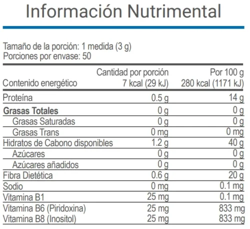 Tabla nutrimental del suplemento V Neurokafe con desglose de macronutrientes, vitaminas y contenido energético.