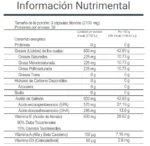 Tabla nutrimental de V-Omega 3 de VitalHealth con contenido de EPA, DHA, vitaminas A, D3 y E, y perfil completo de ácidos grasos.
