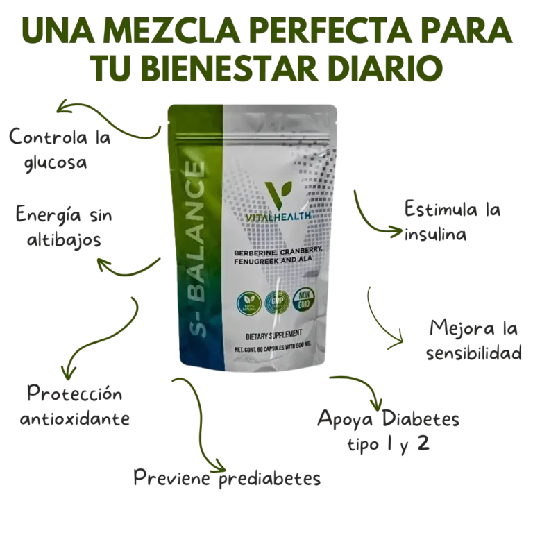 Beneficios del suplemento S-Balance de VitalHealth: controla la glucosa, estimula la insulina, mejora la sensibilidad y previene prediabetes