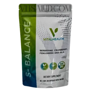 Suplemento S-Balance de VitalHealth con berberina, arándano, fenogreco y ácido alfa lipoico para salud metabólica