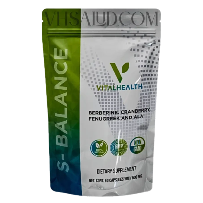 Suplemento S-Balance de VitalHealth con berberina, arándano, fenogreco y ácido alfa lipoico para salud metabólica