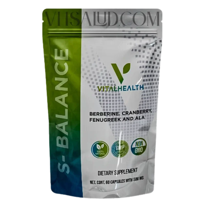 Suplemento S-Balance de VitalHealth con berberina, arándano, fenogreco y ácido alfa lipoico para salud metabólica