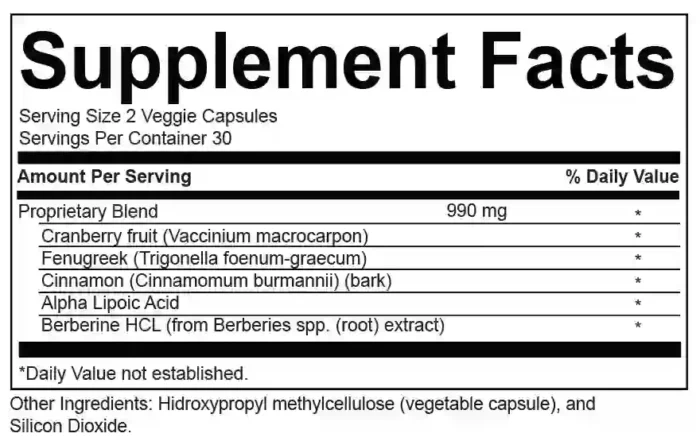 Tabla nutrimental del suplemento S-Balance de VitalHealth con berberina, fenogreco, arándano y ácido alfa lipoico