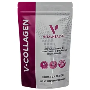 Empaque del suplemento V-Collagen de VitalHealth con lisina, noni y colágeno hidrolizado para piel y articulaciones