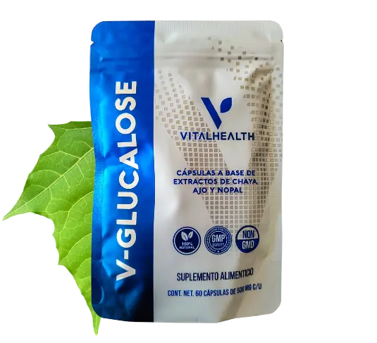 V-Glucalose de VitalHealth, suplemento natural con chaya, ajo y nopal para apoyar niveles de glucosa