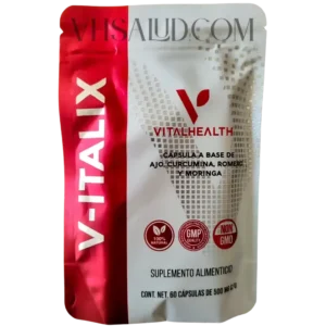 Empaque del suplemento V-Italix de VitalHealth con ajo, cúrcuma, romero y moringa para fortalecer el sistema inmune