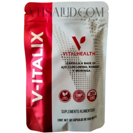 Empaque del suplemento V-Italix de VitalHealth con ajo, cúrcuma, romero y moringa para fortalecer el sistema inmune