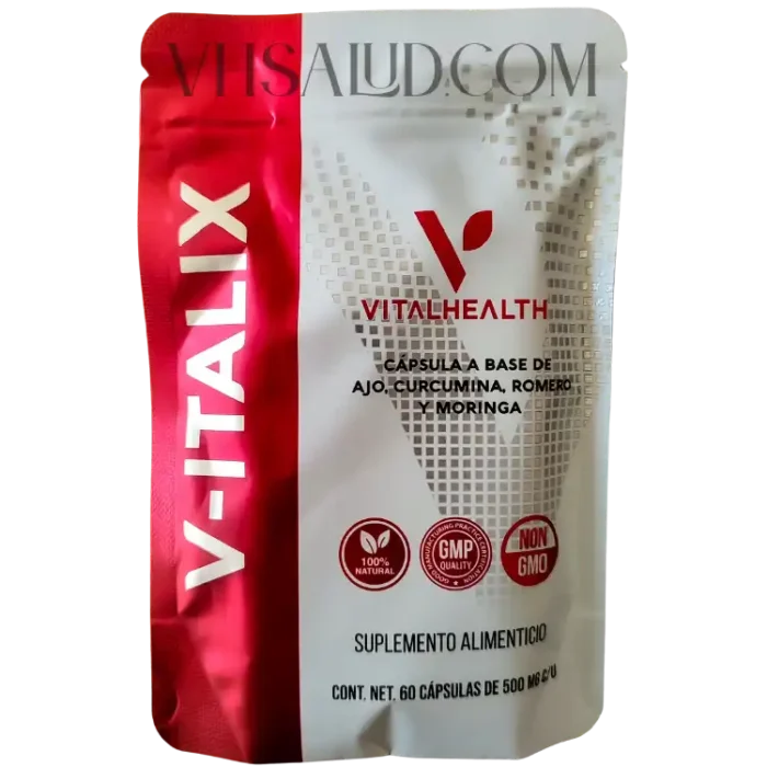 Empaque del suplemento V-Italix de VitalHealth con ajo, cúrcuma, romero y moringa para fortalecer el sistema inmune