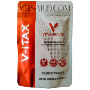 Empaque del suplemento V-Itax de VitalHealth con vitaminas y minerales esenciales para energía y bienestar