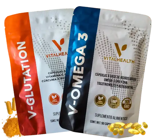 Kit antioxidante VitalHealth con V-Glutation y V-Omega 3 para fortalecer defensas y combatir radicales libres